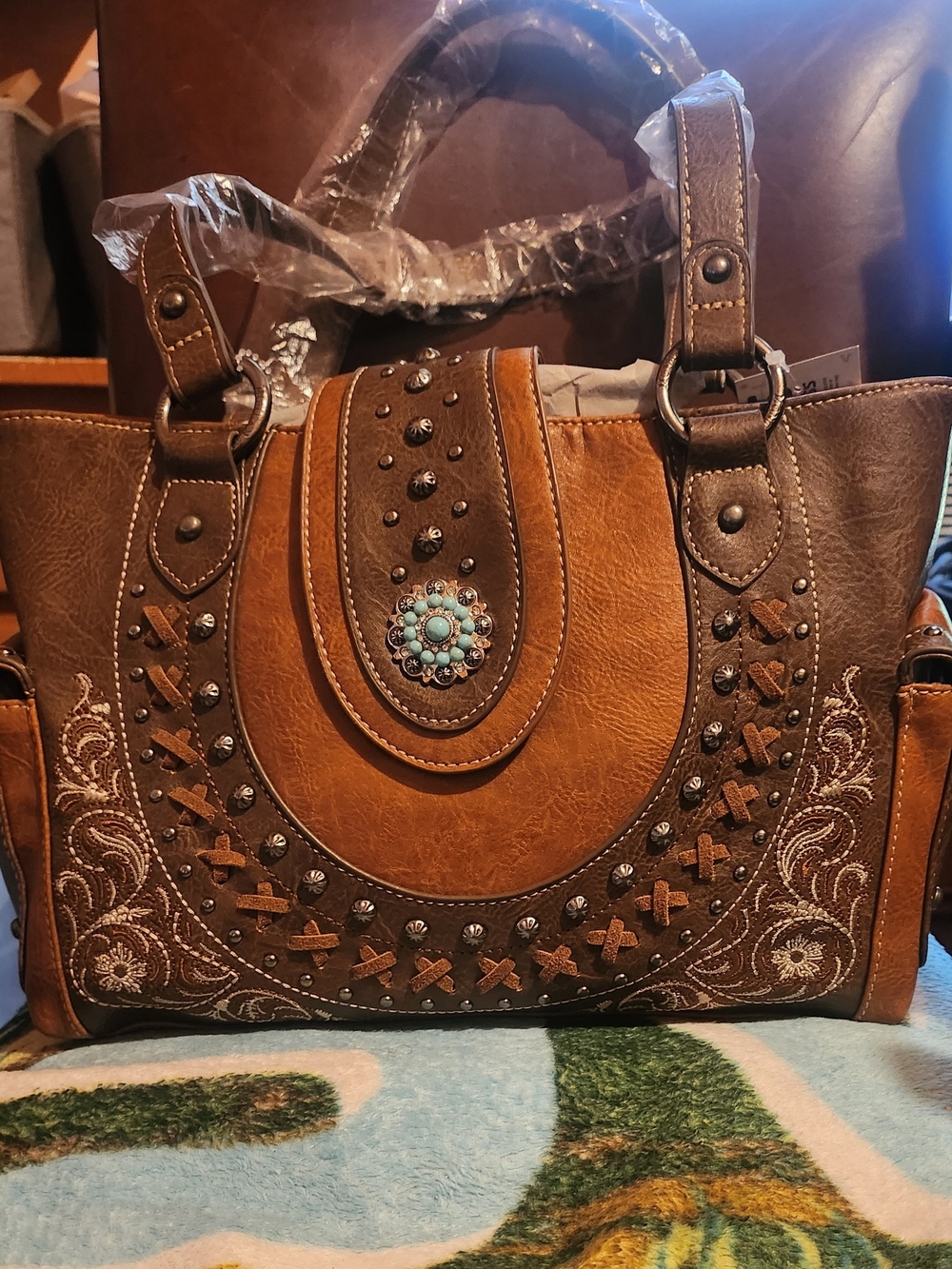 Montana West Brown and Turquoise Embellished Shoulder Bag